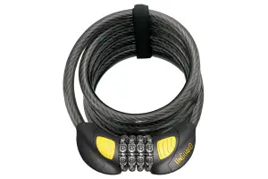 Замок Onguard DOBERMAN GLO кодовый на 4 цифры с LED-подсветкой, спиральный трос 185см х 12мм, поворотный держатель на раму - Магазин ВелоБуча